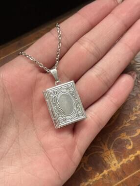 Vintage Style Silve Tone Book Locket Necklace